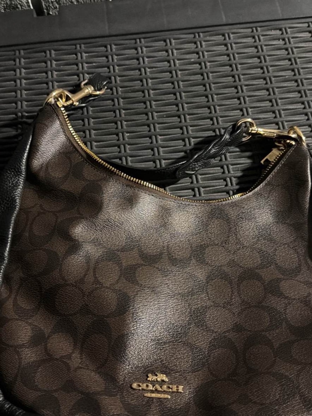 Coach Dark Brown Signature Shoulder Bag with Gold Hardware